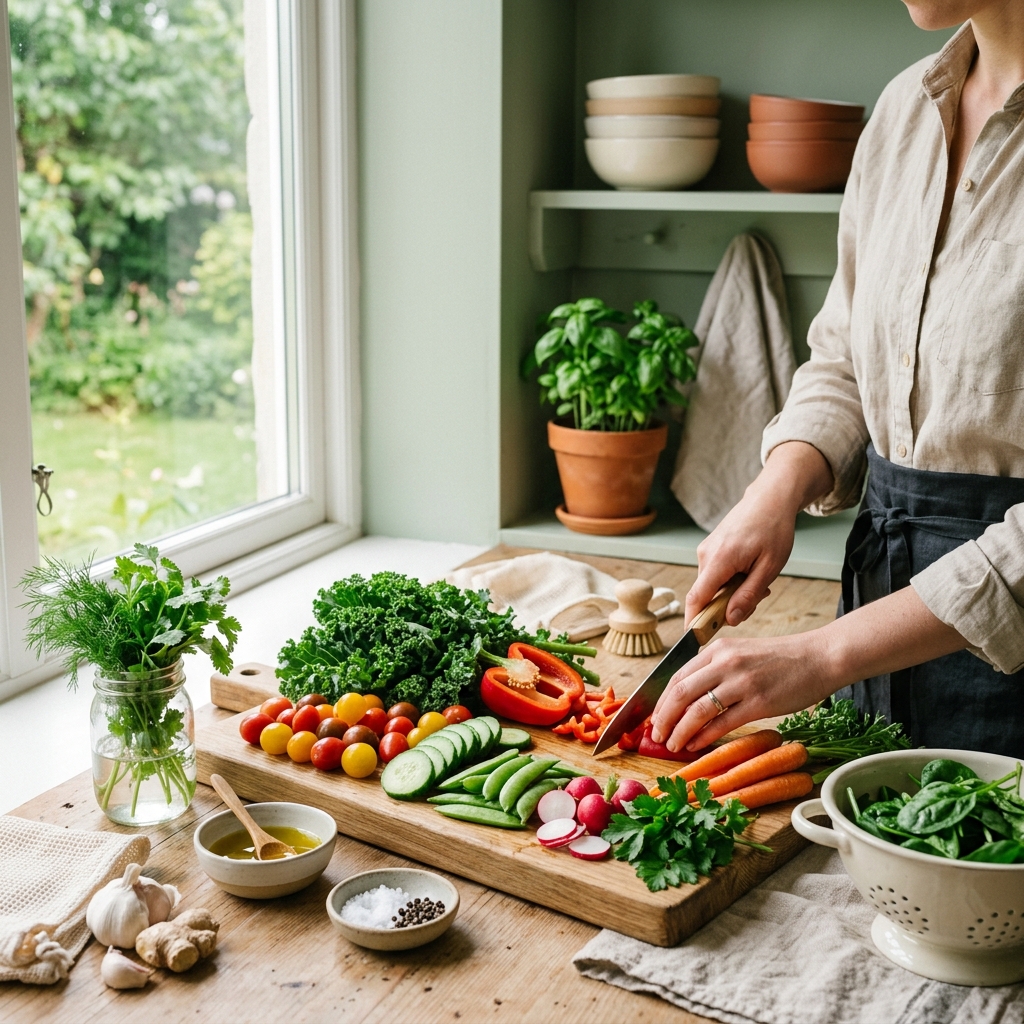 Fresh vegetable preparation at The Daily Crunch